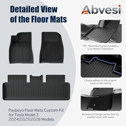 Custom Fit Floor Mats for 2024 2025 2026 Tesla Model 3 Highland/Standard,All Weather TPE Waterproof Odorless Car Mats Set 5-Seater with Rear Seat Back Protector Interior Accessories (7PCS) - Image 5