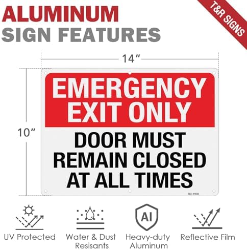 T&R Large Emergency Exit Only Sign Door Must Remain Closed At All Times - 2 Pack - 14 x 10 Inches Rust Free .040 Aluminum Reflective - UV Protected, Waterproof, Weatherproof and Fade Resistant - 6 Pre-drilled Holes - Image 2