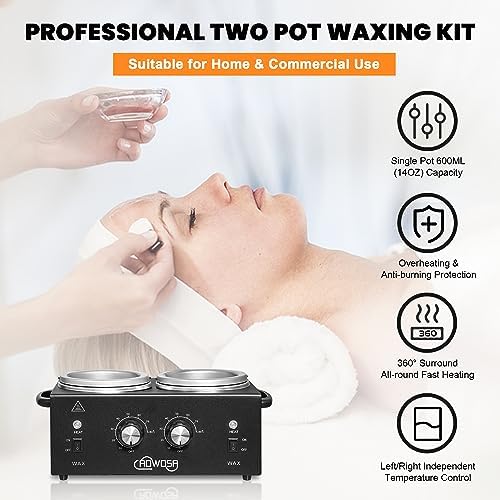 Professional Hair Removal Kit - Wax Warmer Machine with Double Pot, Large Capacity for Spa Salon and Home Use, Non-Stick Easy Clean Pots, 50 Sticks & 20 Collars (Black) - Image 2