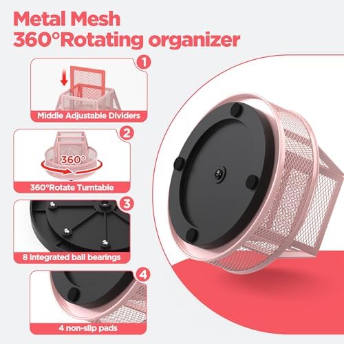 Docnest 360°Rotating Mesh Desk Organizer,6-Compartment Pen Holder,Pink - Image 4