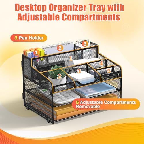 Docnest 3 Tier Mesh Desk Organizer with Letter Tray & Paper Sorter, Black - Image 4