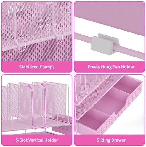 LEKETREE Pink Desk Organizer, Office Organization with Vertical File Holder, File Organizer with Drawer and Pen Holder, Desk Accessories and Workspace Organizers for Home Office (Pink) - Image 5
