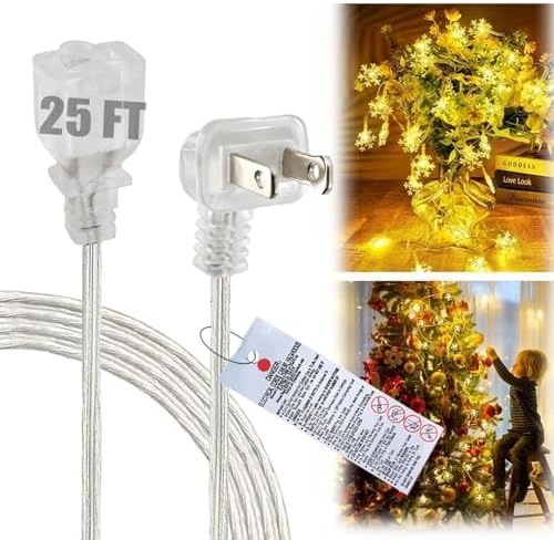 25FT Clear Extension Cord, Indoor Thin and Slim Extension Cord,18AWG lamp Cords, 2 Prong, ETL-Certified, Ultra-Thin Power Cable for Christmas Decor by Yeatel