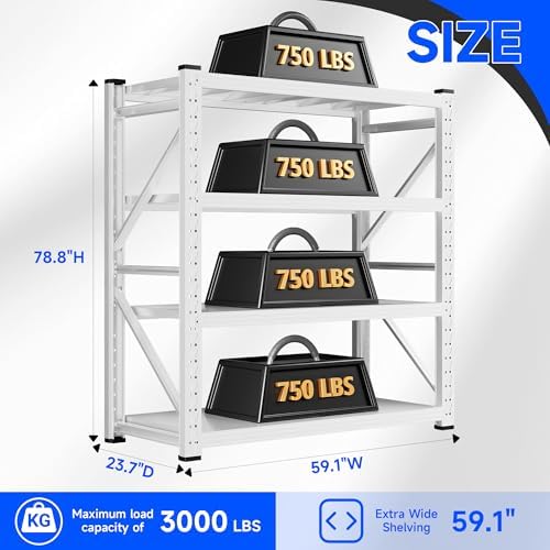 59" W Garage Storage Shelves,3000LBS Garage Shelving Heavy Duty Adjustable Shelving Unit,4 Tier Metal Utitly Shelves Industrial Shelving for Warehouses,Basement,White - Image 3