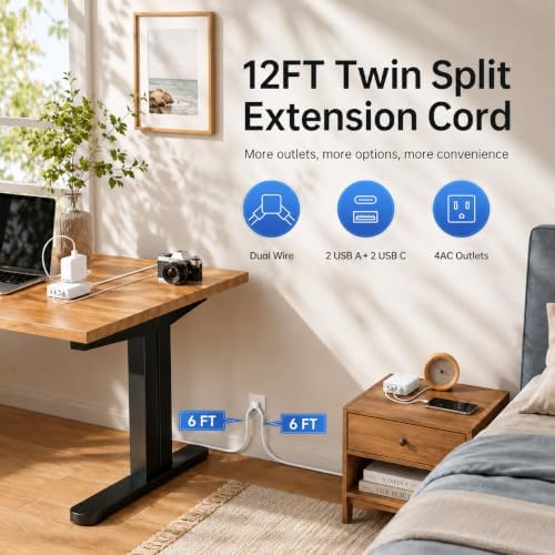 Split Extension Cord 12FT(6FT Per Side) - Single 4 AC & 4 USB Ports - Image 2