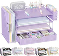 Wood Desk Organizers and Accessories with File Holder, 4-Tier Desk Accessories & Workspace Organizers with Drawer and Pen Holder, Desk Reference Organizer (Purple, 4T with Drawer) by gianotter