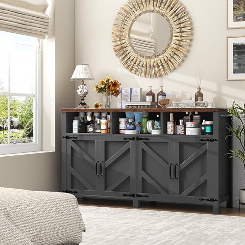 knoworld Buffet Sideboard with Storage Farmhouse, Large Kitchen Storage Cabinet Wood Coffee Bar Cabine Buffet for Kitchen, Living Room, 55in, Black - Image 7