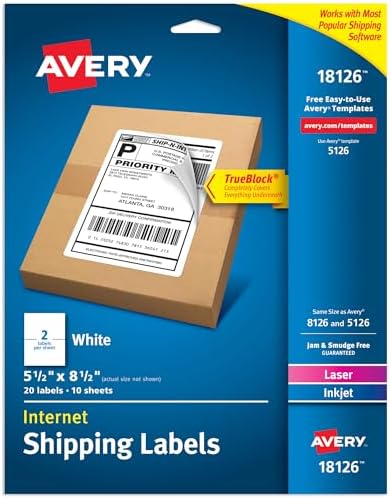Avery Half-Sheet Printable Shipping Labels, 5.5" x 8.5" Customizable Stickers, White, 20 Blank Mailing Labels, Great for Mailing, Shipping, Organizing, and More (18126) by Avery