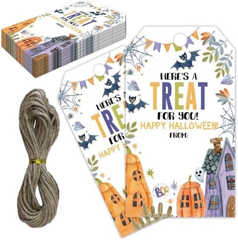 Halloween Paper Gift Tags with String-50Pcs, Here's A Treat for You Happy Halloween Tags for Goodie Bags, 2 x 3.5 Inch Writable Waterproof Hanging Labels for Decor Party Supplies, Gift Wrapping-B07 by RPLCSPC