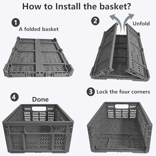 4-Pack Plastic Storage Crates,20L Foldable Baskets,Collapsible Crates, Baskets and Bins for Toys, Home Storage, Office Products, Gifts, Easter Eggs (Grey) - Image 3