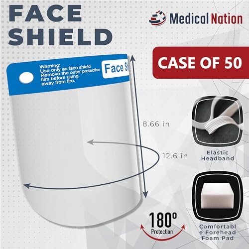 Medical Nation 50 Pack Face Shields | Clear Plastic Face Shield for Women, Men & Kids, Anti-Fog, Lightweight Reusable Full Face Shield Mask, Safety Visor Cover with Comfortable Sponge & Elastic Band - Image 2