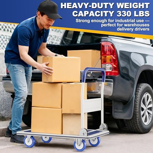 Foldable Push Cart Dolly | 330 lbs. Capacity | Heavy Duty Moving Platform Hand Truck with Swivel Wheels | Small Flatbed Cart | Space Saving Push Handle-Yellow - Image 6