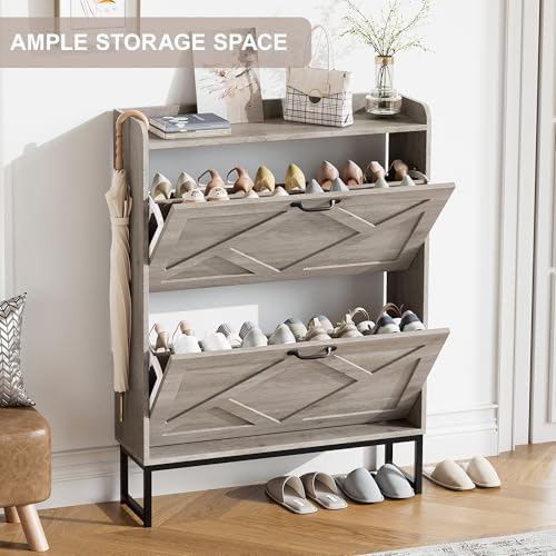 Nicetree Shoe Storage Cabinet with 2 Flip Drawers, Freestanding Shoe Organizer, Shoe Cabinet with Metal Legs, Narrow Shoe Rack Cabinet, Farmhouse Slim Shoe Cabinet for Entryway, Hallway, Rustic Gray - Image 3