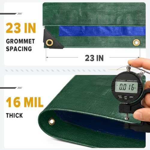 Kesfitt 16 Mil Heavy Duty Waterproof Tarp, 12x24 FT, Dark Green & Blue - Image 2