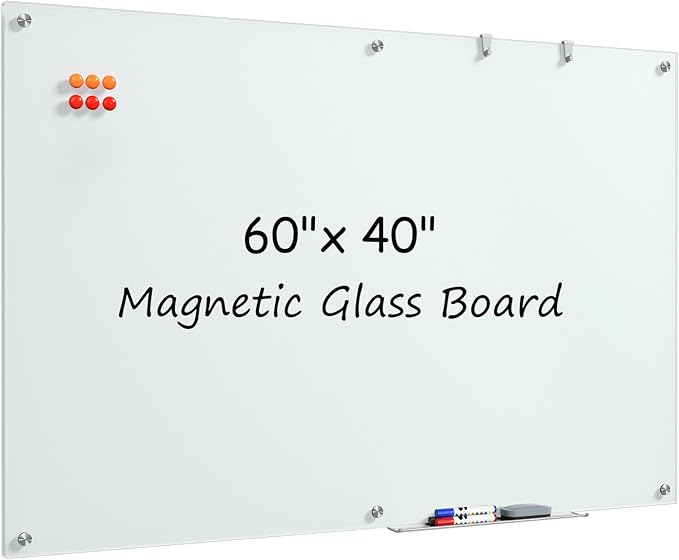 MaxGear Glass White Board 60x40 Inches, Wall Mounted Magnetic Glass Dry Erase by MaxGear
