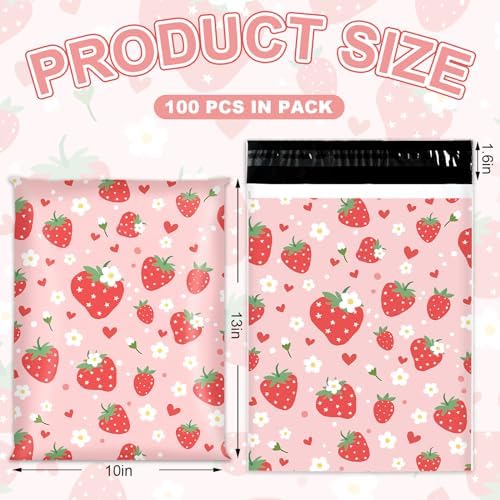 JarThenaAMCS 100Pcs Strawberry Poly Mailers 10 x 13 Inch Pink Fruit Packaging Bags Self Seal Mailing Envelope Bags for Summer Small Business Clothing Gift - Image 2