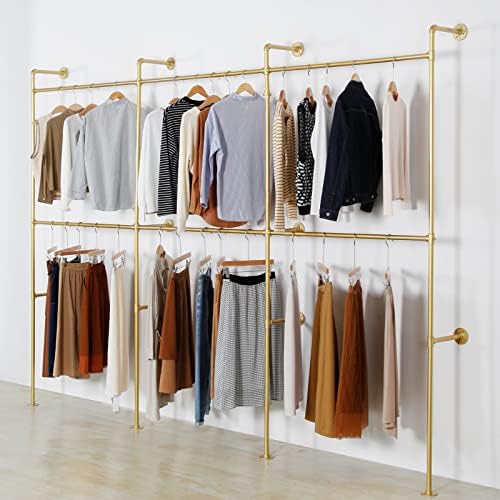 Wall Mounted Industrial Pipe Clothing Garment Racks, Metal Clothing Store Display Stands Clothes Rack Multi-purpose Heavy Duty Hanging Rod for Closet Storage, 134in Gold - Image 6