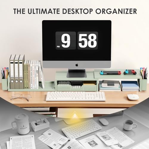 OPNICE Desk Organizers and Accessories, Dual Monitor Stand Riser with Drawer and 2 Pen Holders, Desk Shelf Computer Racks for Office Workspace Organizers, Desktop Organization (Sage Green) - Image 6