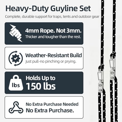 4 Pack Adjustable Rope Tensioner Set with Alloy Buckles and Storage Bag, Tie Down Ropes for Tent, Tarp, Hammock, Clothesline, Luggage & Outdoor Use (Black) - Image 4