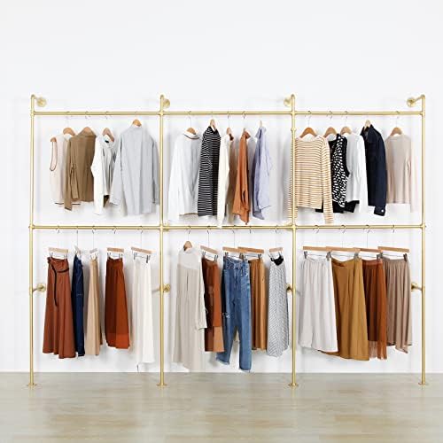 Wall Mounted Industrial Pipe Clothing Garment Racks, Metal Clothing Store Display Stands Clothes Rack Multi-purpose Heavy Duty Hanging Rod for Closet Storage, 134in Gold by ZGZR