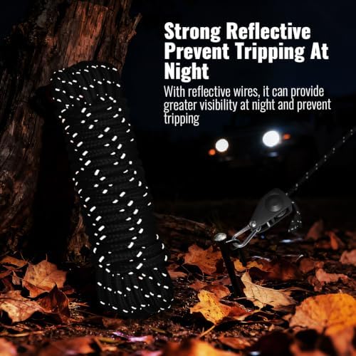 2Pack 6mm Reflective Guy Lines, Heavy‑Duty Tent Rope Tie Down Rope Line, Ultralight Camping Rope with Ratchet Pulley & 2 Metal Buckles, Aluminum Adjuster for Tarp Canopy Kayak Outdoor Camping, 16.5ft - Image 3