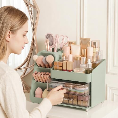 Large Capacity Makeup Organizer Countertop with Makeup Brush Holder for Vanity (Green) - Image 2