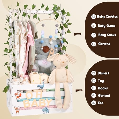 Large Baby Shower Gifts Basket Wooden Crate, Personalized Wooden Letters Hangers New Born Baby Girl Boy Pregnancy Gifts for New Mom Parents Vine Decorations Cute Closet with Adjustable Handle White - Image 7
