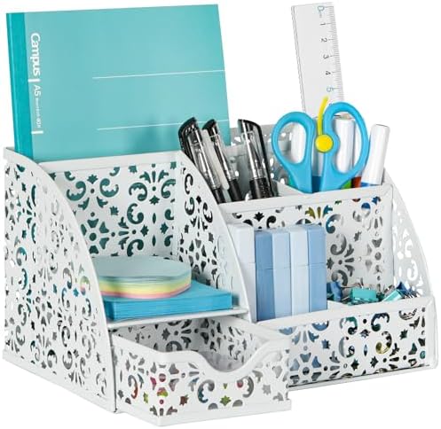EasyPAG Desk Organizer and Pen Holder for Desk, Mesh Office Supplies Storage Caddy with Drawer for Small Space, Desktop Organizer for Home Office, White by EasyPAG