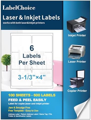 100 Sheets 600 Pcs 3-1/3 x 4 6 Up Shipping Address Labels for Laser & Inkjet Printers, 3-1/3" x 4" 6 per Sheet Shipping Mailing Stickers, 6 Labels per Page by LabelChoice