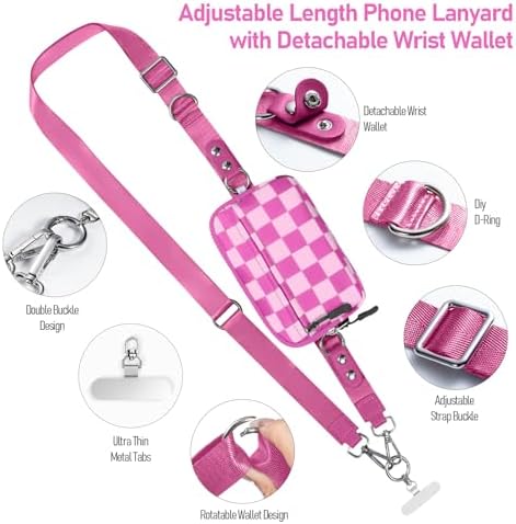 Tiostep Clip and Go Strap for Phone with Wallet Crossbody Phone Lanyard Adjustable and Detachable RFID Wristlet Wallet (Hot Pink Checkered, Medium) - Image 2