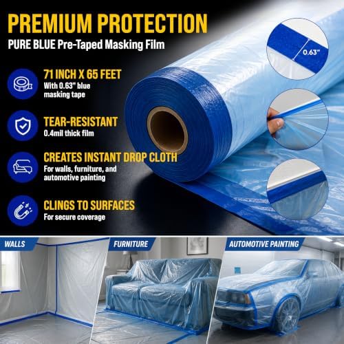 Dura-Gold 71" x 65' Pure Blue Pre-Taped Masking Film - Painters Plastic Roll (0.4 Mil) Pull Down Drop Sheet, Pre-Taped Plastic Sheeting for Painting Protection on Auto, Walls, Furniture - Image 2