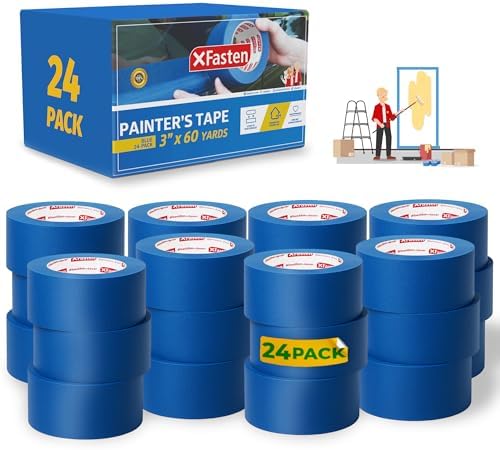 XFasten Blue Painters Tape 3 Inch Wide x 180 Feet Bulk (24-Pack, 4320ft Total) Wall Safe UV-Resistant Blue Masking Tape 3 Inch Wide for Indoor and Outdoor Walls, Painting, Wood, Automotive by XFasten