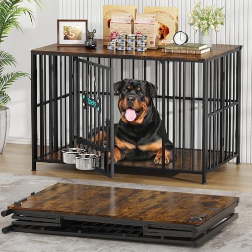 Easycom 43" Foldable Dog Crate Furniture for Large Dogs 60-80 lbs, Brown by EasyCom