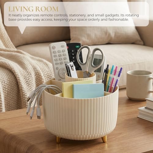 KONVINIT Pencil Pen Holder for Desk, 5 Slots 360 - Degree Rotating Desktop Organizer, Cute Desk Organizers and Accessories for School, Home, Office and Art Supply, Beige - Image 5