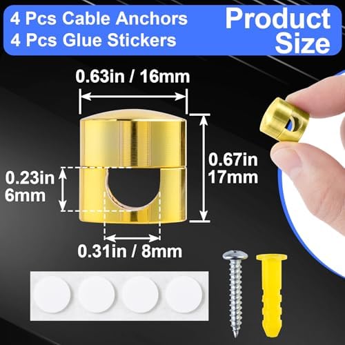 SmallCat 4 Sets Charger Holders for Cords, Gold Color Adjustable Cable Anchor Holders, Adhesive Metal Cord Clips, Cable Management Wire Organizers for Desk, Office, Nightstand - Image 2