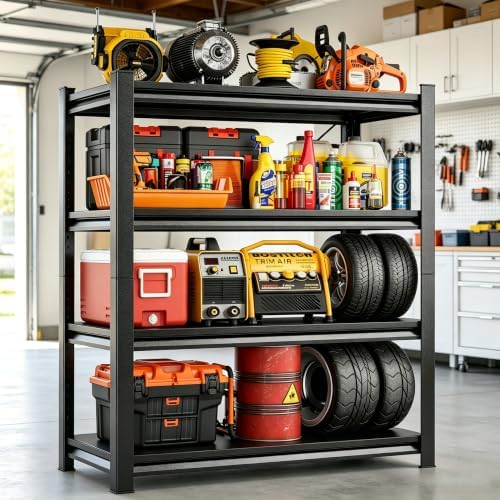 46''W Garage Shelving Heavy Duty Metal Storage Shelves Series, Large Industrial 4tier Shelving Unit for Basement, Business, Factories, Commercial, Warehouse and Workshop (54''Hx46''Wx20''D, Black) by Ergonova