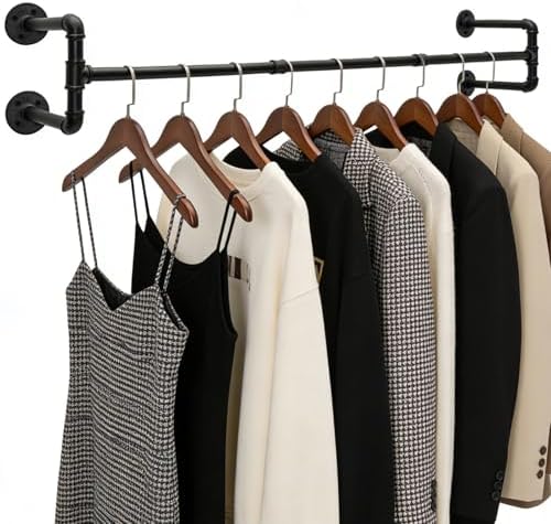 Industrial Pipe Clothing Rack, 53.1 Inch Wall Mounted Clothes Rack, Space-Saving Detachable Heavy Duty Garment Rack for Hanging Clothes, Closet Rod for Laundry Room, 4 Base by BOSHANGJIA