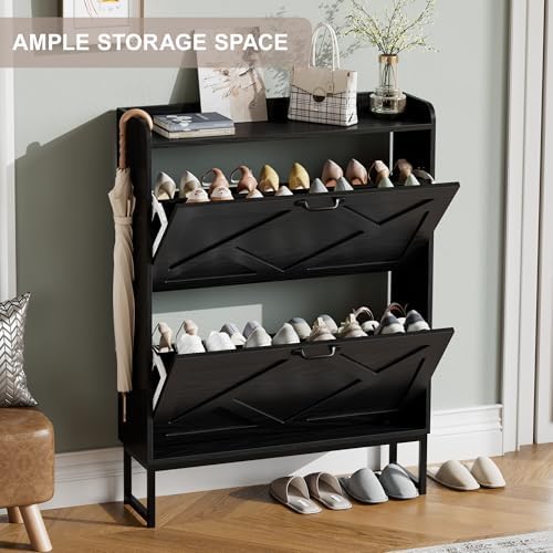 Nicetree Shoe Storage Cabinet with 2 Flip Drawers, Freestanding Shoe Organizer, Shoe Cabinet with Metal Legs, Narrow Shoe Rack Cabinet, Farmhouse Slim Shoe Cabinet for Entryway, Foyer, Hallway, Black - Image 3