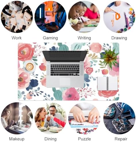 Faux Leather Large Mouse Pad, Office Desk Mat, 23.6"x13.8", Pink Floral - Image 6