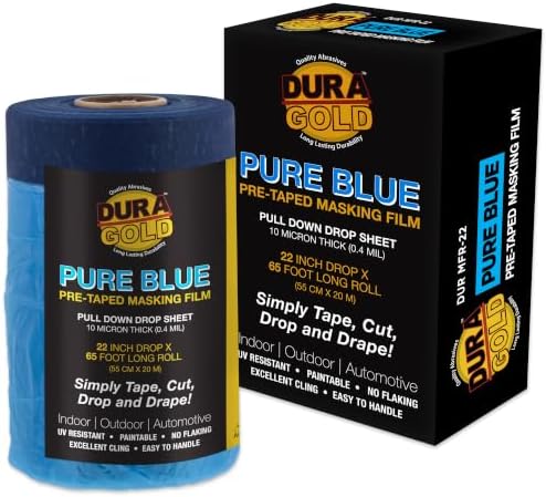 Dura-Gold 22" Wide x 65' Long Roll of Pure Blue Pre-Taped Masking Film, 0.4 Mil Pre-Folded Overspray Paintable Plastic Protective Sheeting, Pull Down Drop Sheet - Auto Painting, Cover Walls Furniture by Dura-Gold