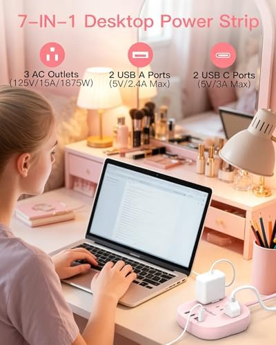 Cruise Ship Travel Essentials, 22.5W/4.5A Flat Plug Power Strip, Pink - Image 2