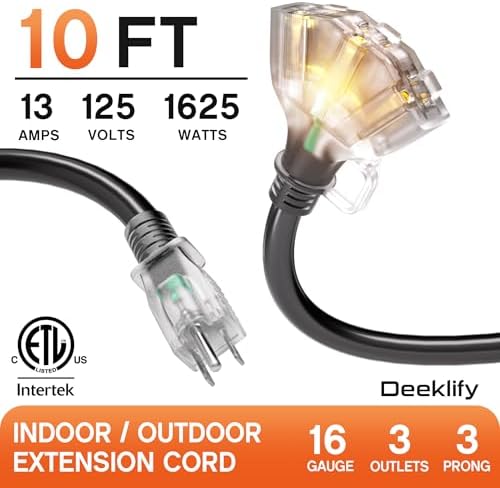 10FT 16 Gauge Black Outdoor Extension Cord with Multiple Outlets - Image 2