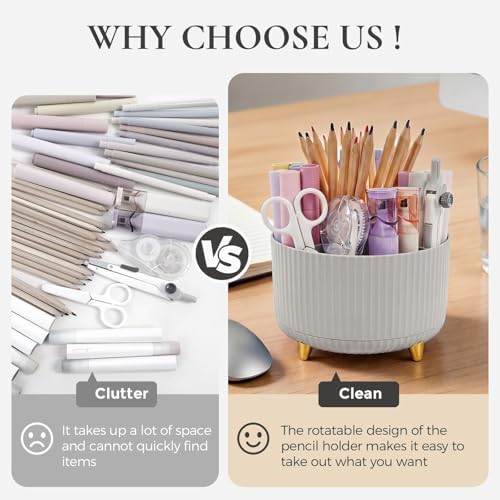 KONVINIT Pencil Pen Holder for Desk, 5 Slots 360-Degree Rotating Desktop Organizer, Cute Desk Organizers and Accessories for School, Home, Office and Art Supply, Grey - Image 3