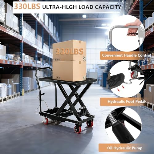 GarveeTech Hydraulic Lift Table Cart, 330 LBS Load Capacity 28.5 in Lifting Height, Manual Single Scissor Lift Table with Non-Slip Pad and 4 Wheels,Hydraulic Scissor Cart - Image 3