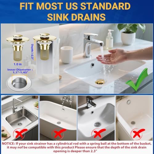 Bathroom Sink Drain Strainer, Pop-Up Bathroom Sink Stopper with Removable Stainless Steel Hair Catcher Basket, Universal Fit for US Bathroom Sinks, Showers & Floor Drains (2pcs-Gold) - Image 6