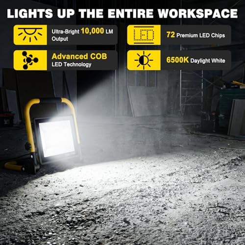 LED Work Light 10000 Lumens, Portable Work Light with Stand, 72 LED COB 6500K, IP66 Waterproof Outdoor Lights, 360° Adjustable Mechanic Light for Garage, Construction, Camping, Shop Lights for Garage - Image 2