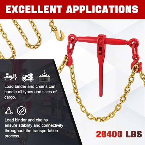 2Pcs Chain and Binder Kit, 3/8"-1/2" Ratchet Load Binders 9200 lbs Load Limit, 3/8 in ×10 ft Chains, Load Transport Binder Chain with Grappling Hook,for Industrial, Agricultural, Logging - Image 2