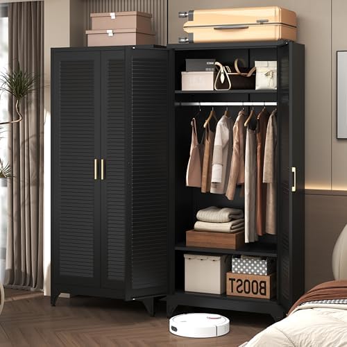 Steeloong 71"Armoire Wardrobe Close,Black Wardrobe Cabinet with Hanging Rod - Image 2