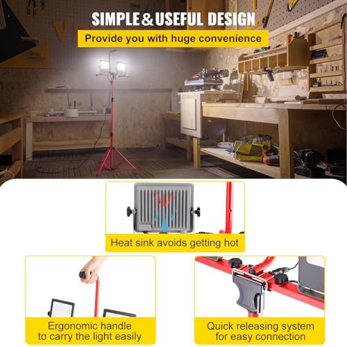 VEVOR LED Work Light with Stand, 2PCS 10000 Lumen Dual-head LED Work Light with 27.6"-68.1" Adjustable and Foldable Tripod Stand, IP65 Waterproofed LED Tripod Work Light, with 5000 K Color Temperature - Image 6