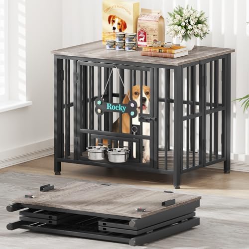 Easycom 31" Dog Crate Furniture Foldable, No Assembly Decorative Dog Kennel Indoor, Dog Crates for Medium Dogs(20-35 lb), Wooden Dog Cage with Adjustable Bowls and Name Tag, End Table, Oak Grey by EasyCom
